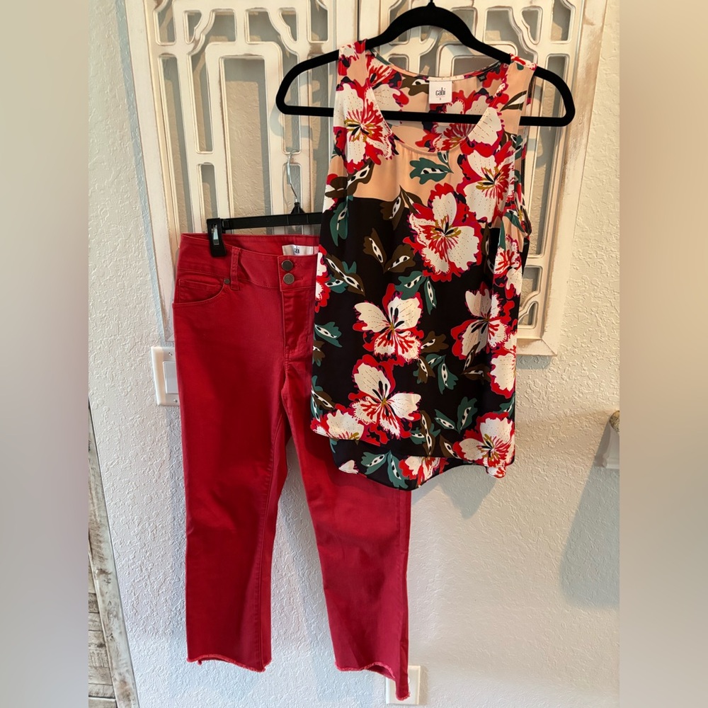 CAbi Multicolor Floral Blouse with red pants set